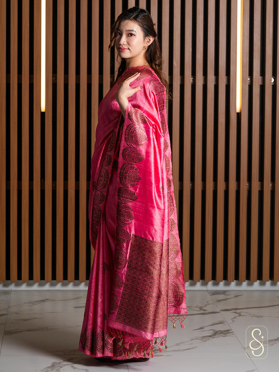 Peachy Pink Raw Silk Saree