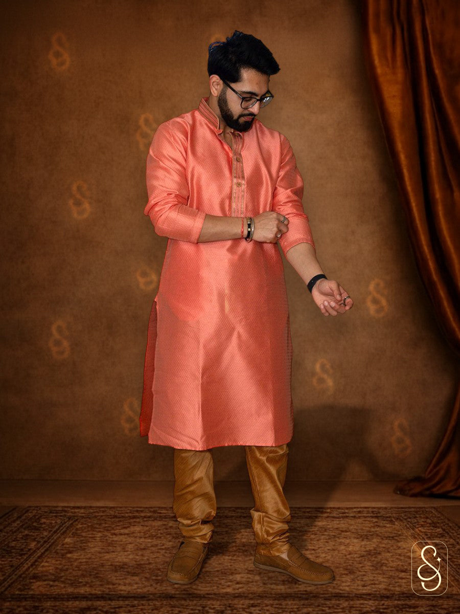 Pink Kurta with Golden Churidar for Men