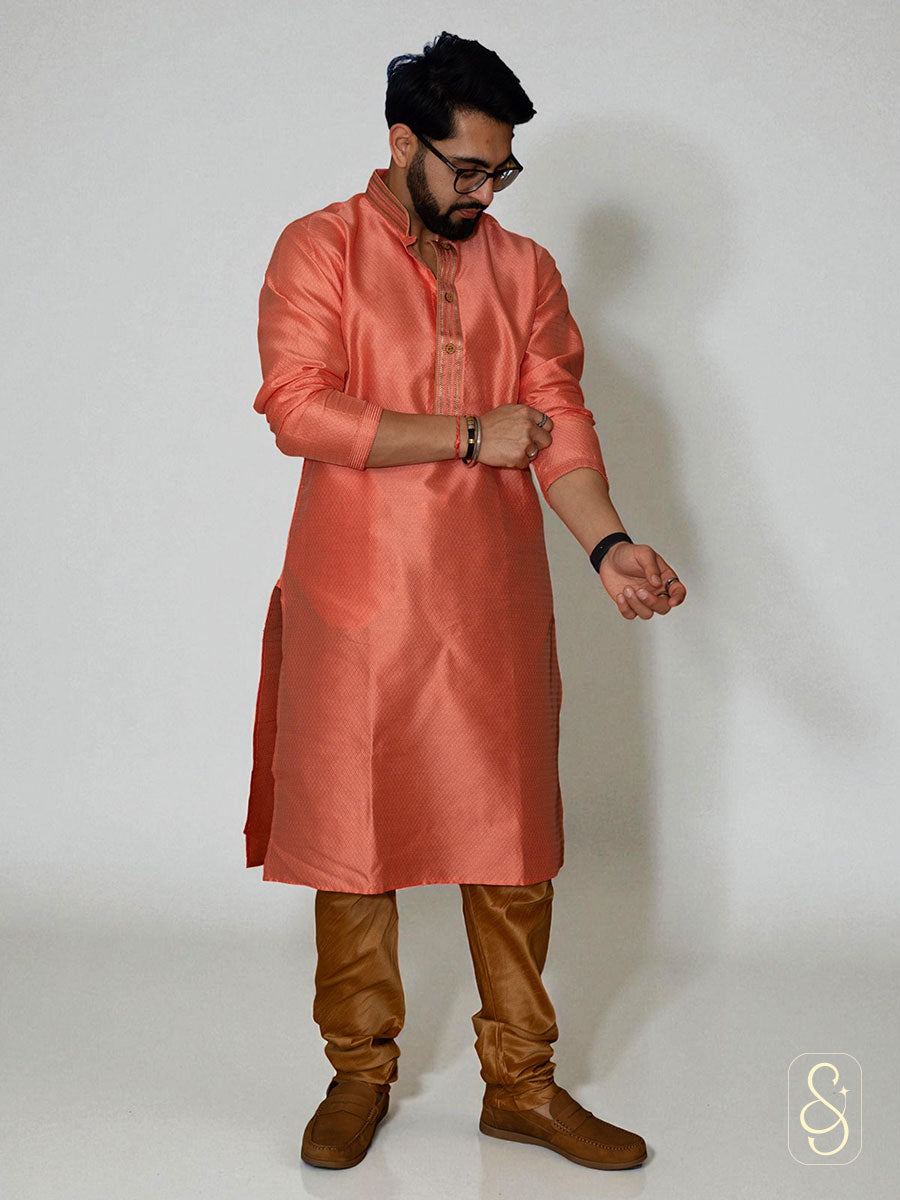 Pink Kurta with Golden Churidar for Men