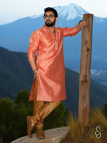 Pink Kurta with Golden Churidar for Men