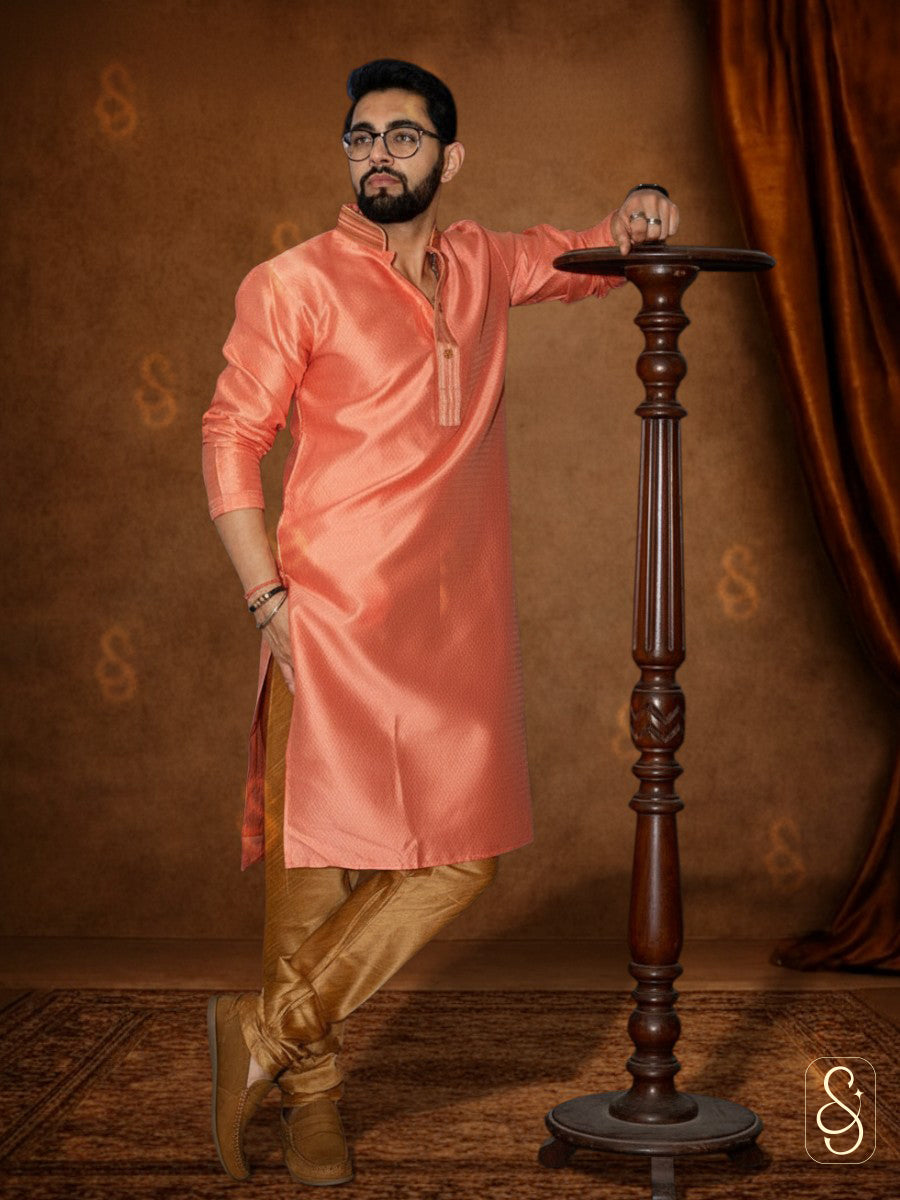 Pink Kurta with Golden Churidar for Men