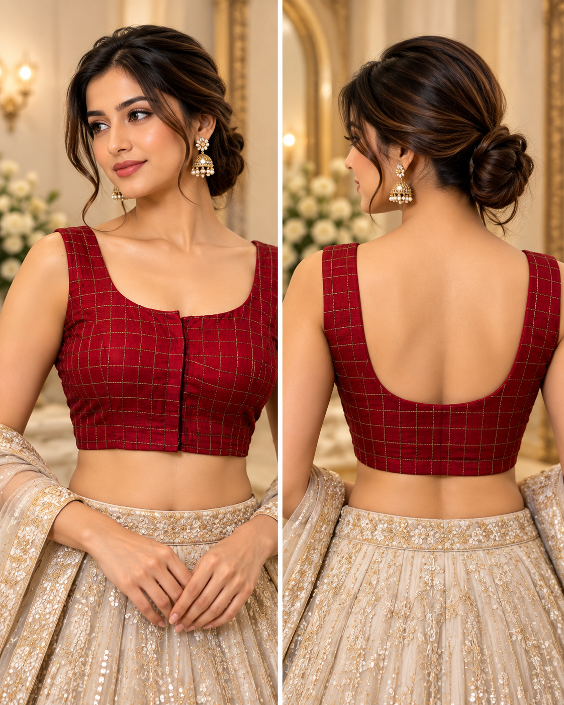 Red Silk Blouse with Golden Lines