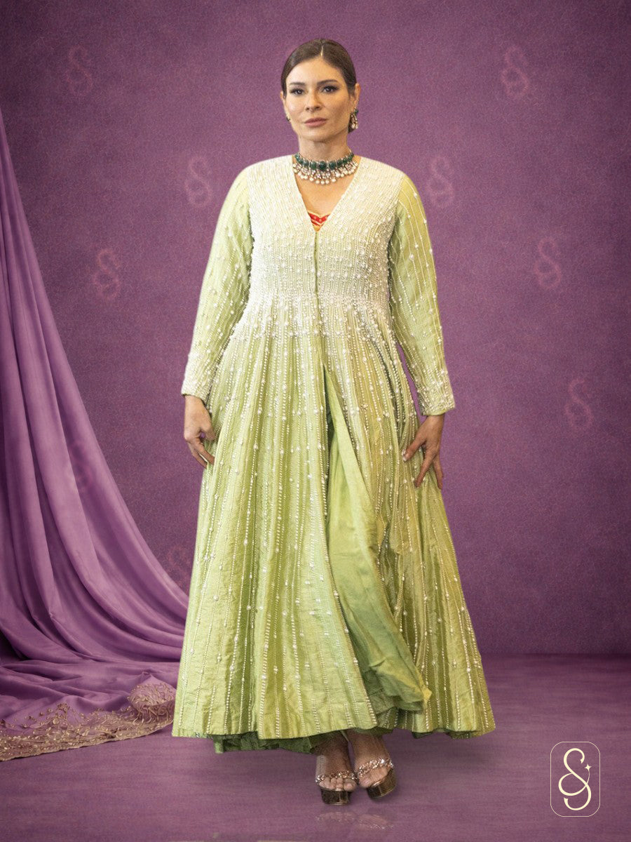 Raw Silk Pearl Work Jacket Set