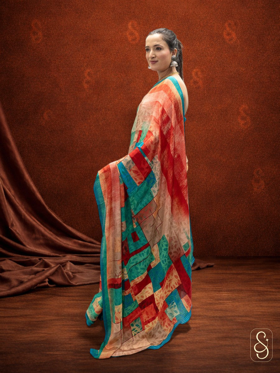 Satin Silk Multi Coloured Printed Saree