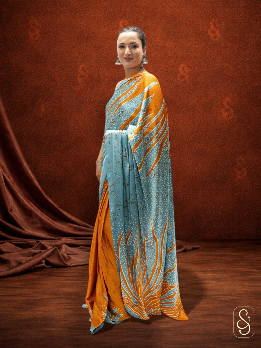 Satin Silk Mustard Blue Printed Saree