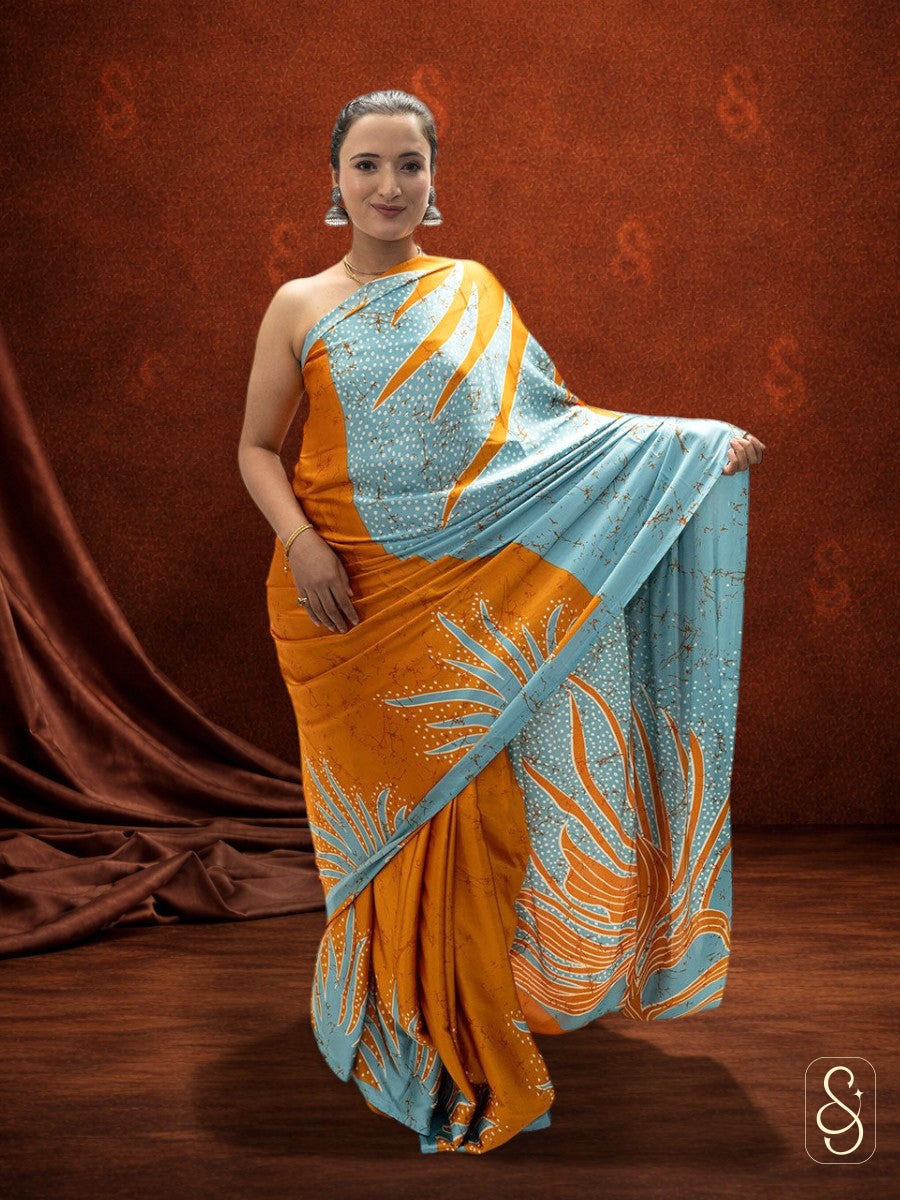 Satin Silk Mustard Blue Printed Saree