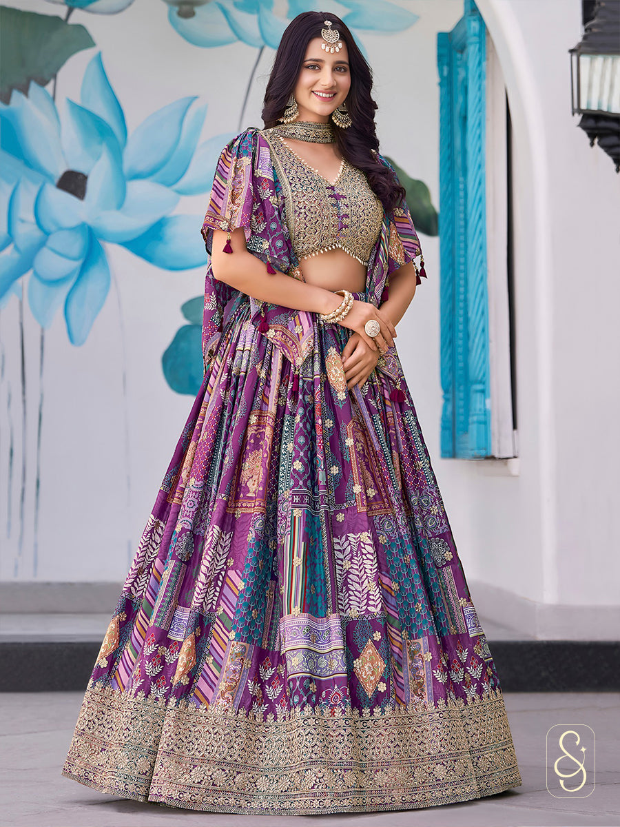 Regal Satin Cape Embroidered Lehenga
