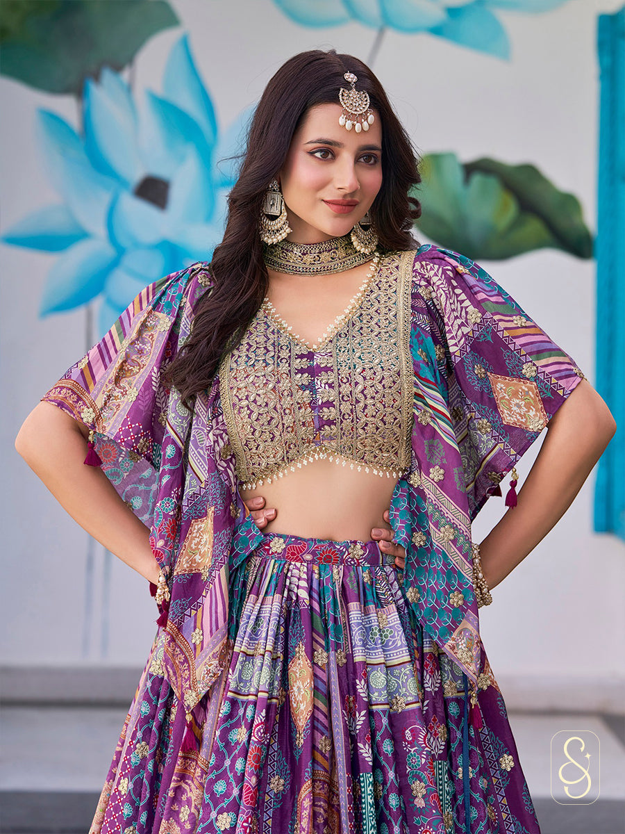 Regal Satin Cape Embroidered Lehenga