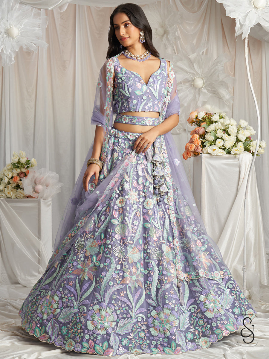 Lavender Net Embroidered Lehenga
