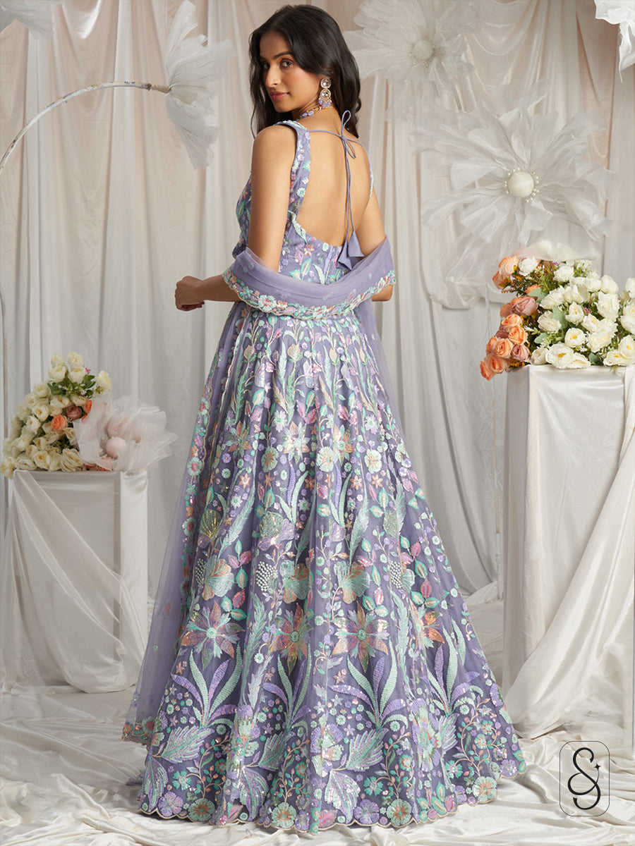 Lavender Net Embroidered Lehenga