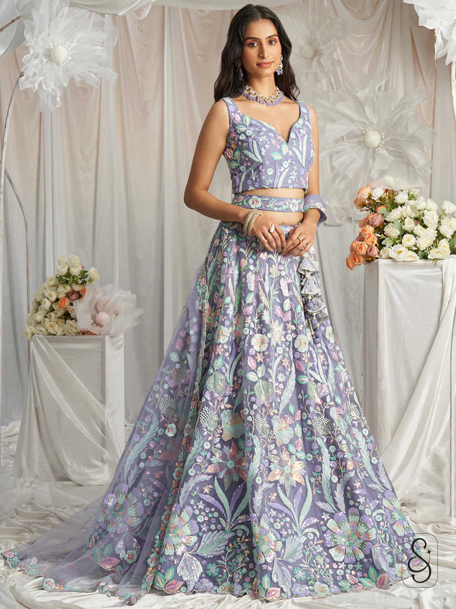Lavender Net Embroidered Lehenga
