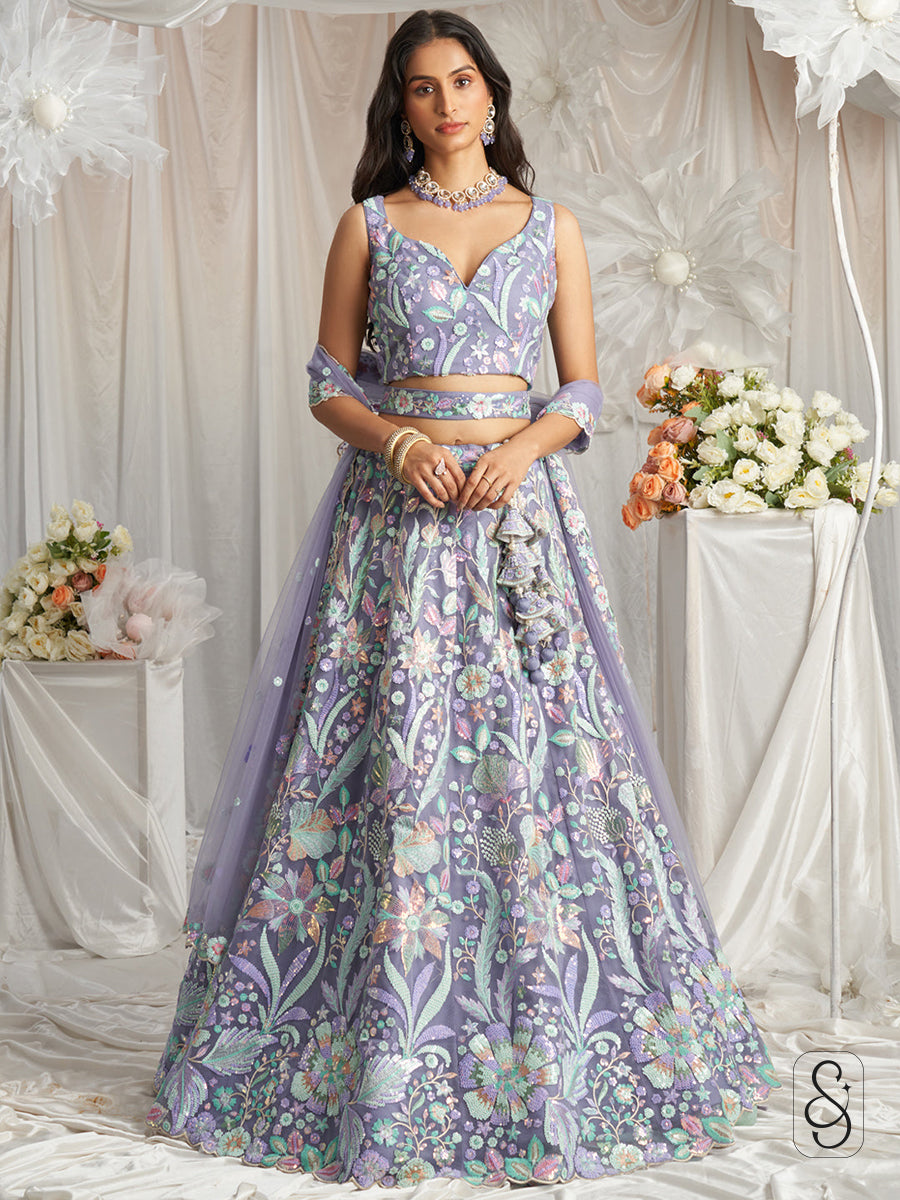 Lavender Net Embroidered Lehenga