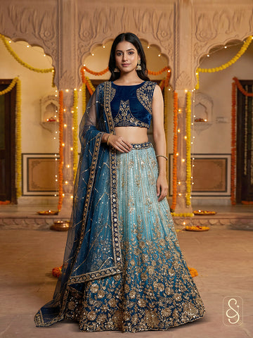Ombre Blue & Sky Embroidered Lehenga