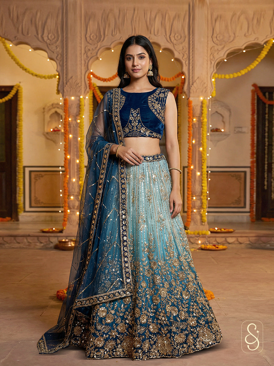 Ombre Blue & Sky Embroidered Lehenga