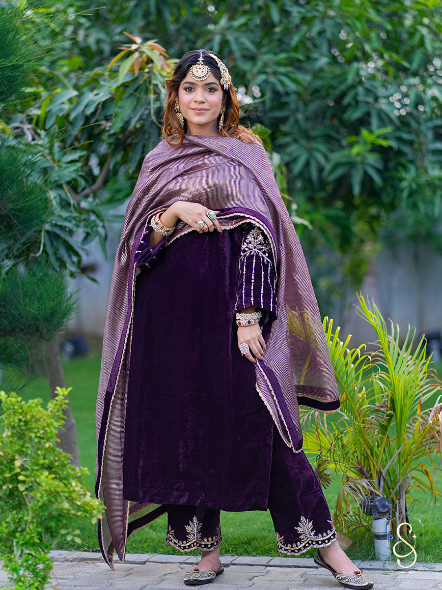 Purple Velvet Hand Embroidered Suit