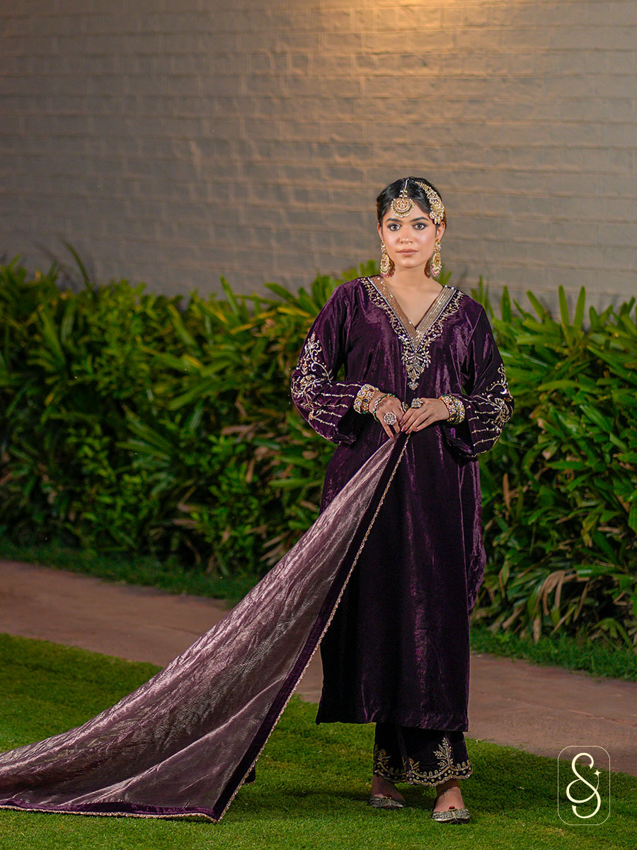 Purple Velvet Hand Embroidered Suit
