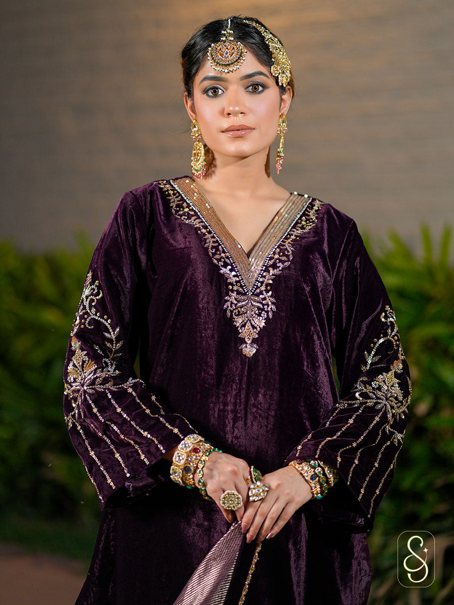 Purple Velvet Hand Embroidered Suit