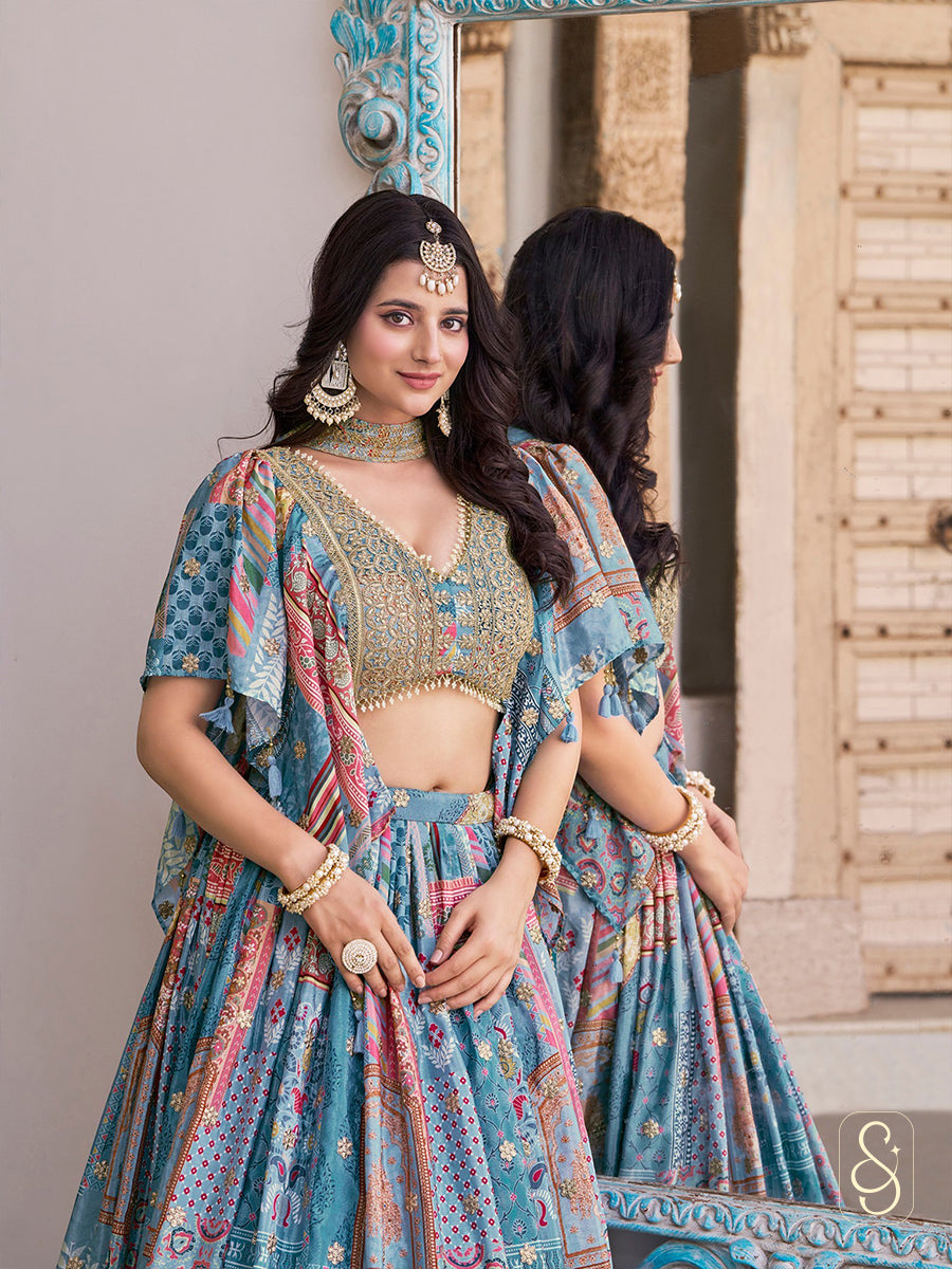 Royal Satin Cape Embroidered Lehenga Set