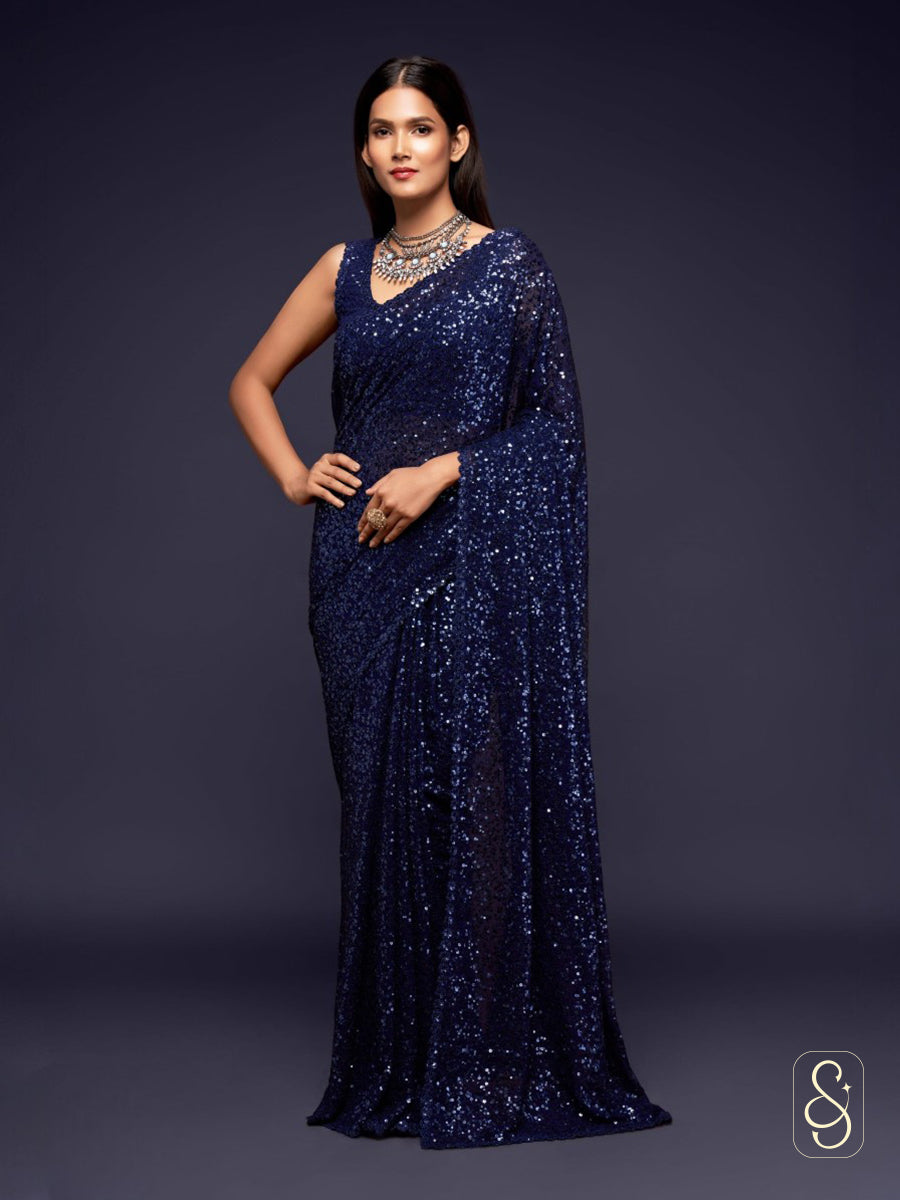Midnight Sapphire Sparkle Drape Saree