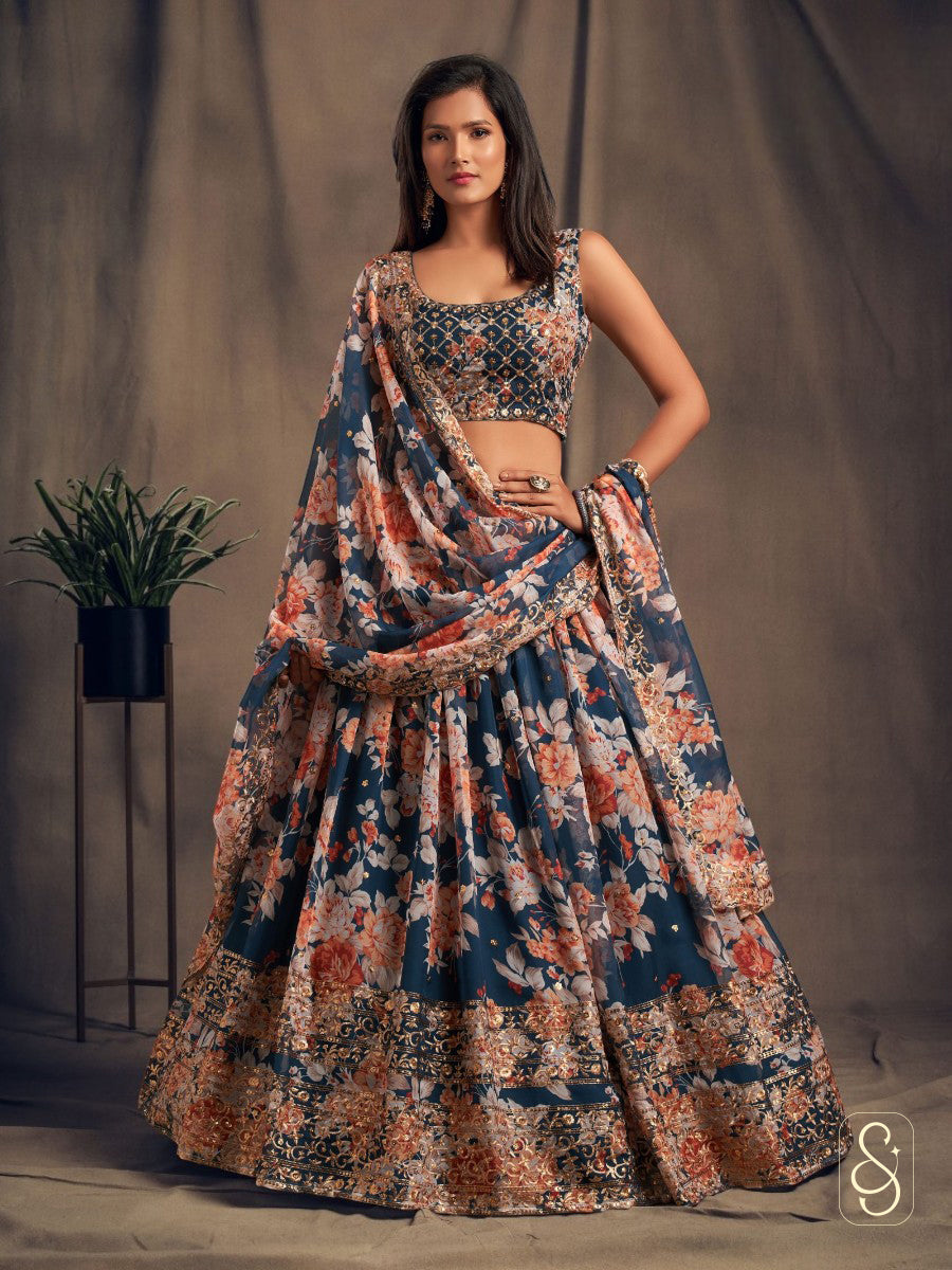 Azure Ombre Zari Printed Lehenga