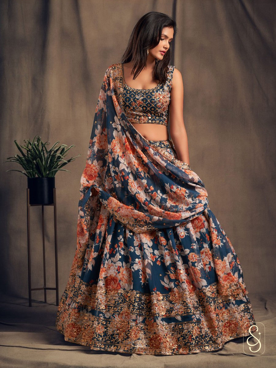 Azure Ombre Zari Printed Lehenga