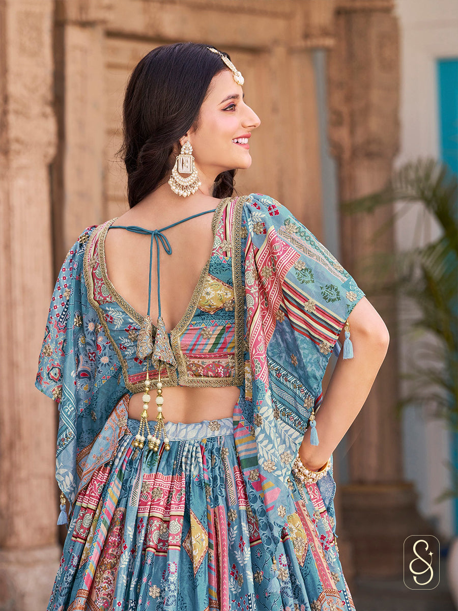 Royal Satin Cape Embroidered Lehenga Set