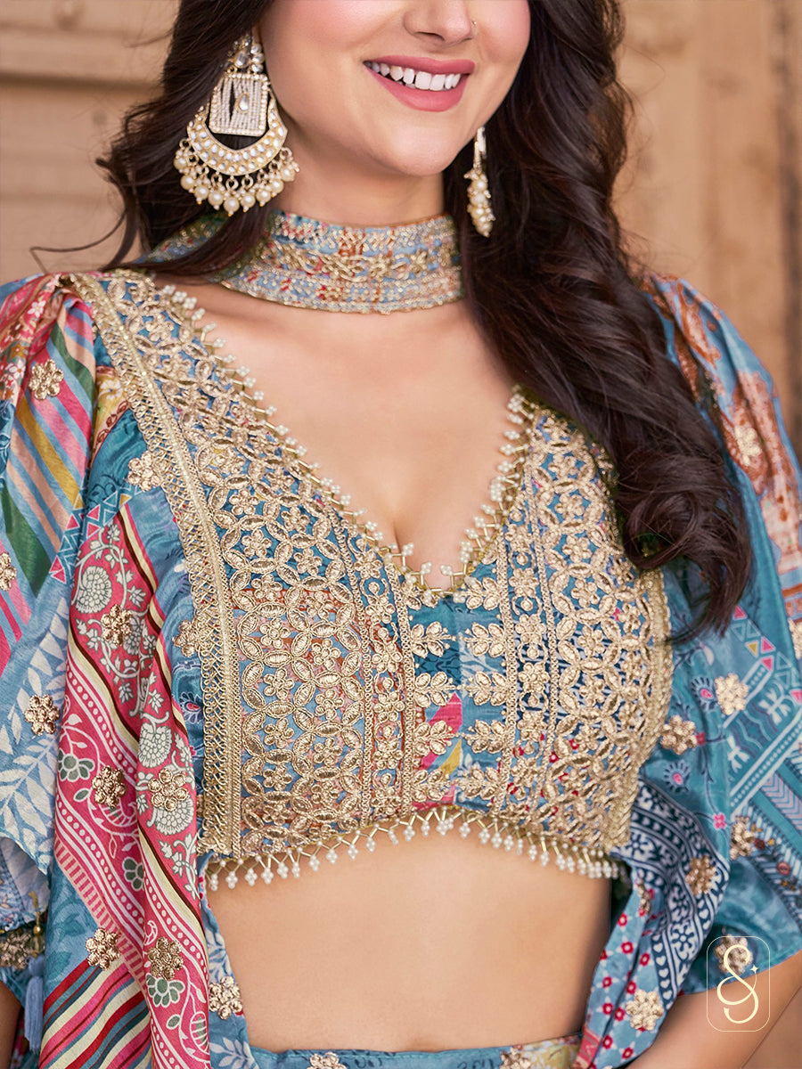 Royal Satin Cape Embroidered Lehenga Set
