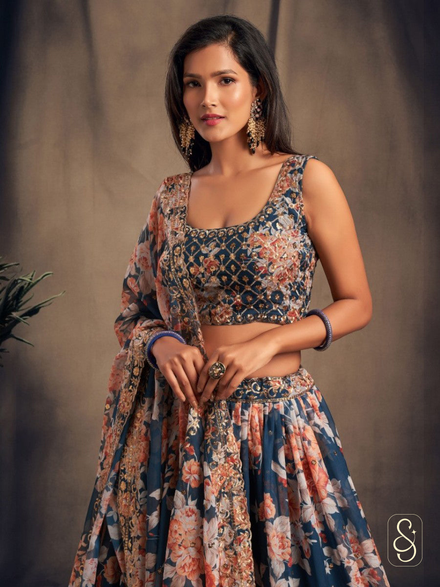 Azure Ombre Zari Printed Lehenga