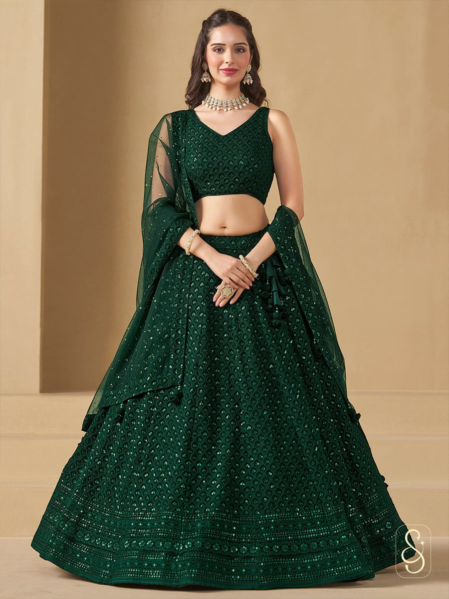 Emerald Georgette Embroidered Lehenga