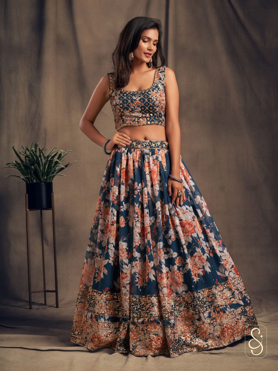 Azure Ombre Zari Printed Lehenga