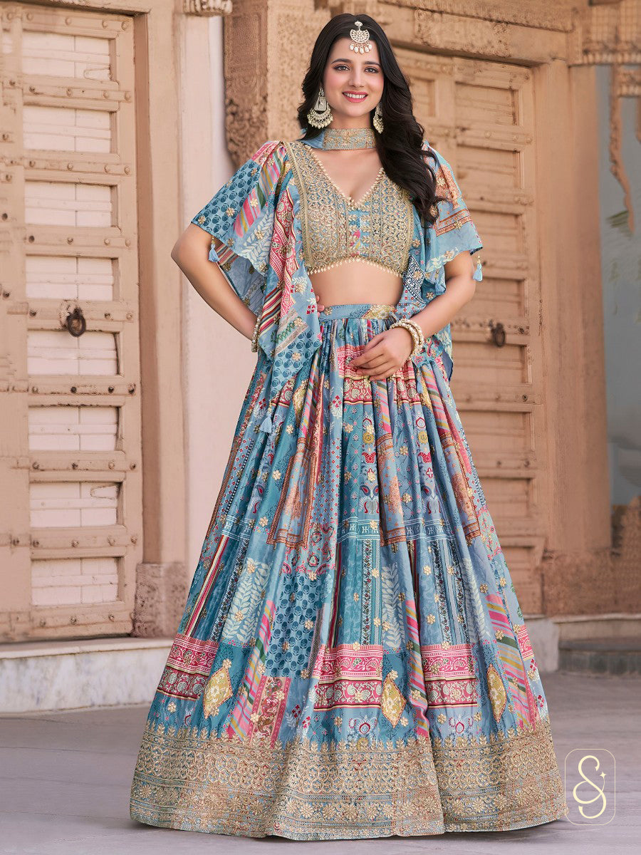 Royal Satin Cape Embroidered Lehenga Set