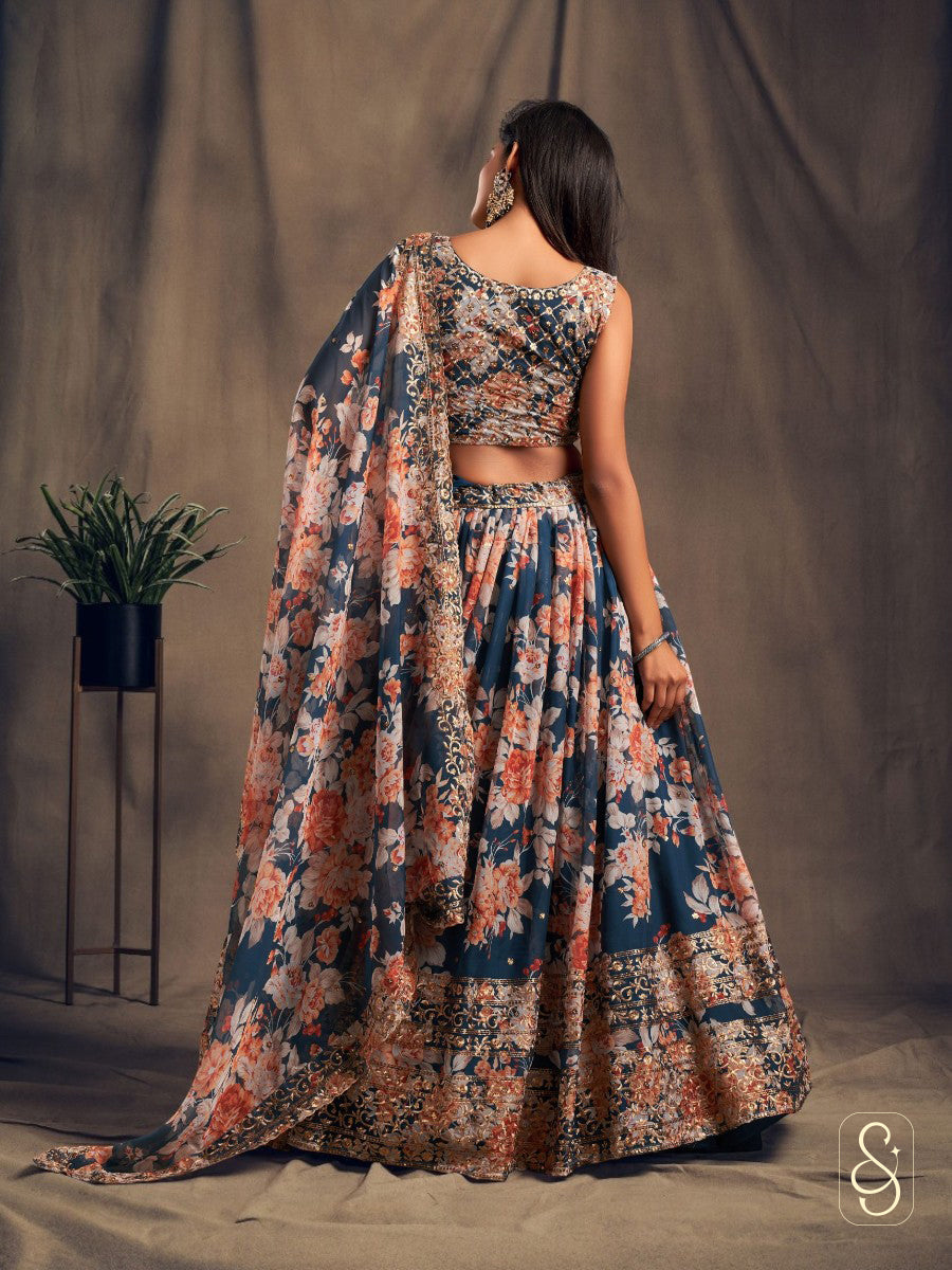 Azure Ombre Zari Printed Lehenga