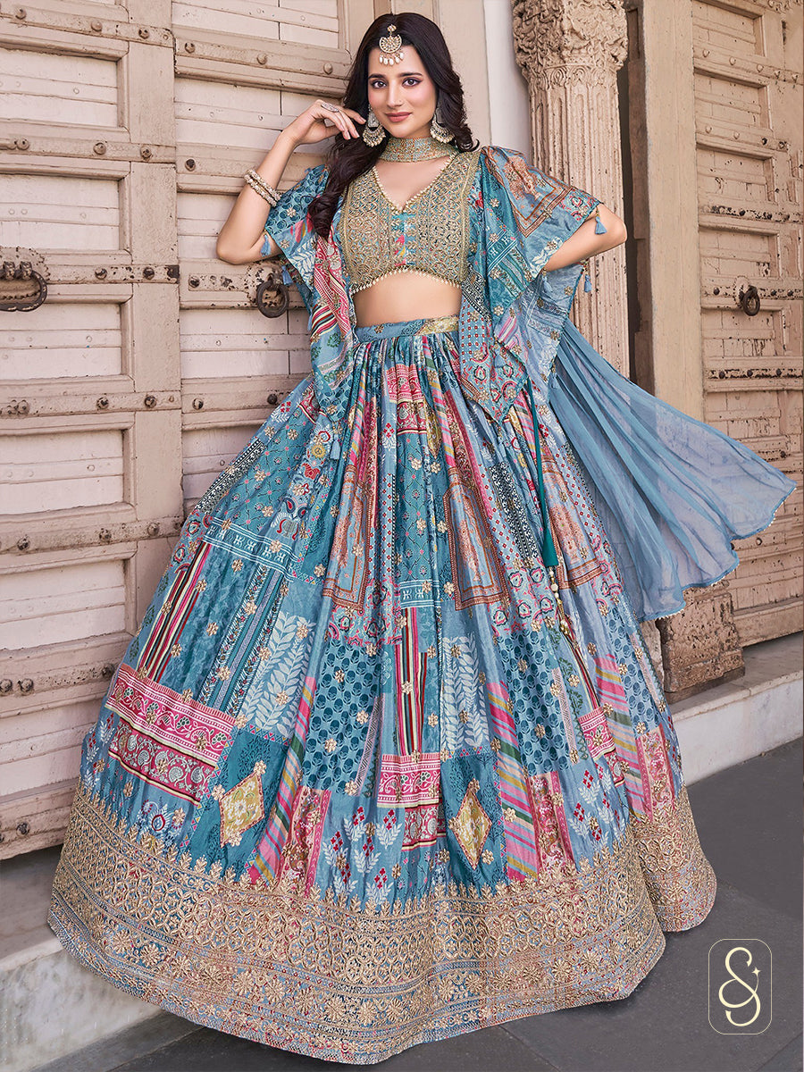 Royal Satin Cape Embroidered Lehenga Set