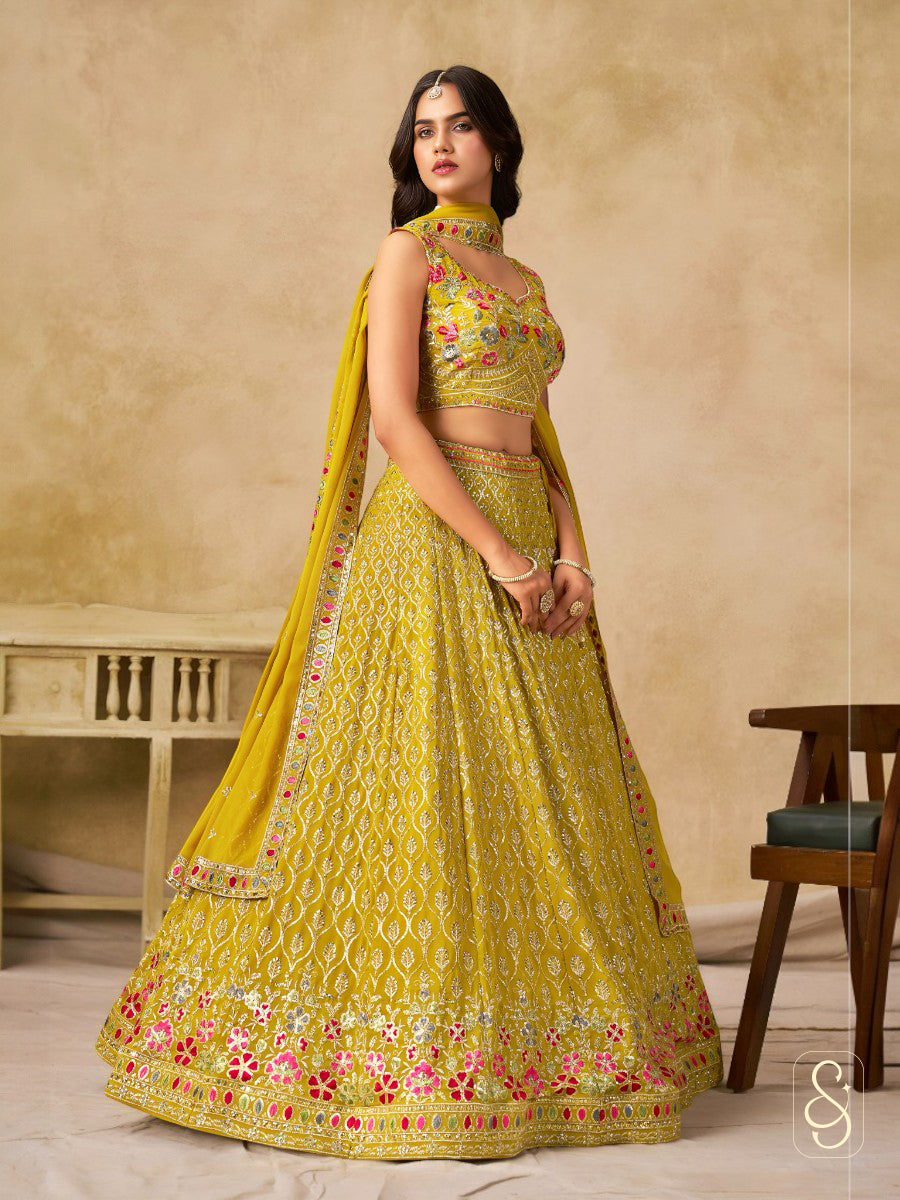 Sunlit Georgette Embroidered Yellow Lehenga