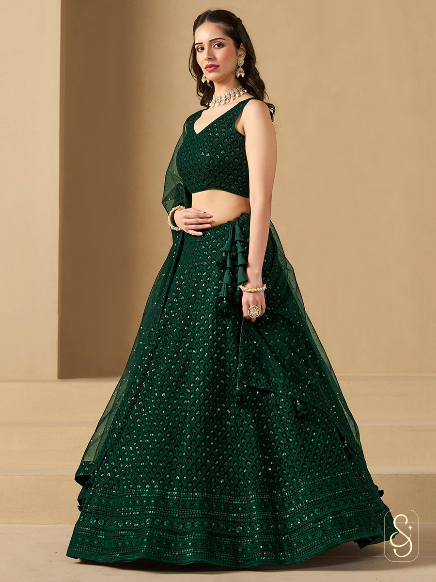 Emerald Georgette Embroidered Lehenga