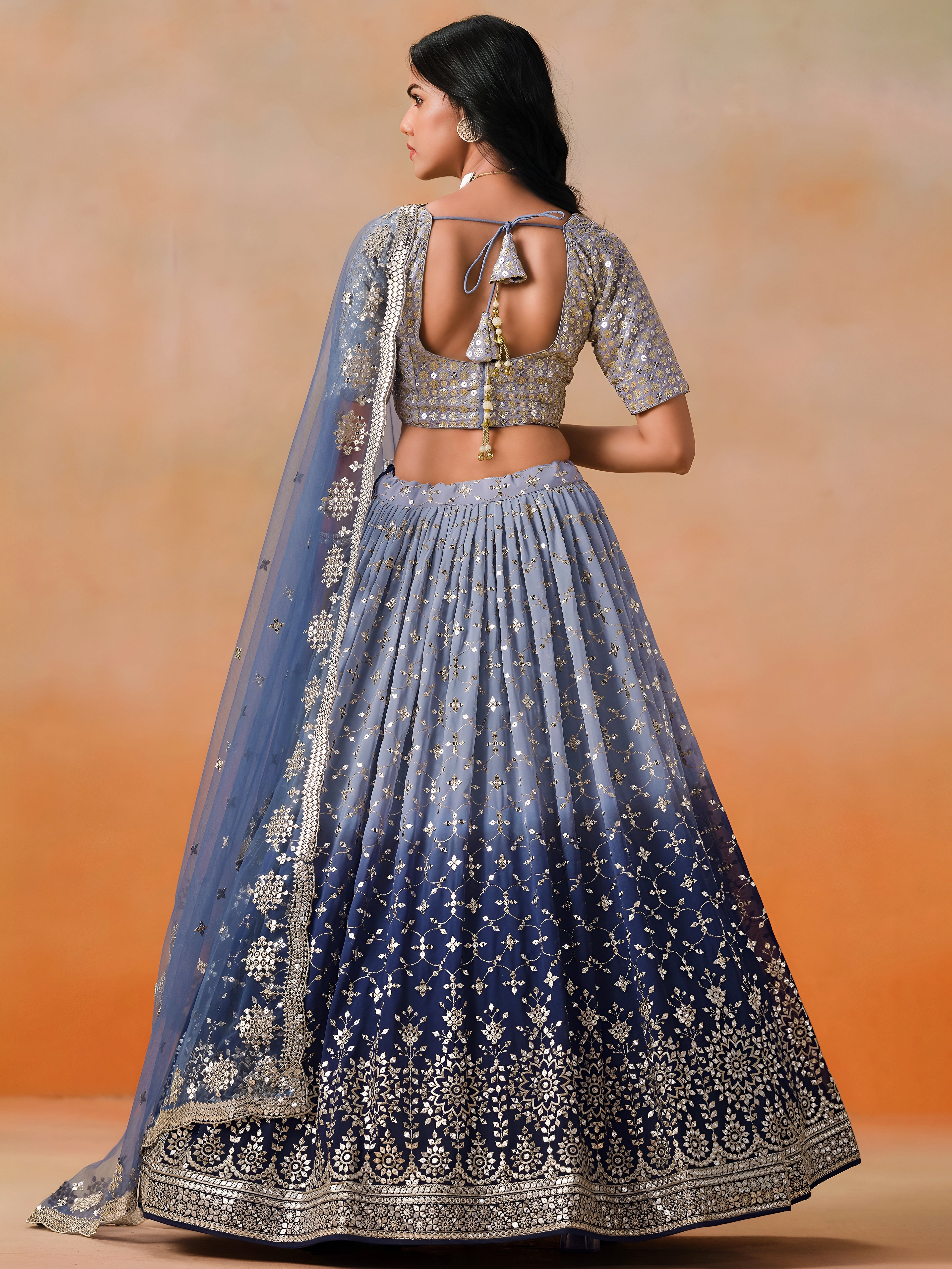Ombre Blue Grey Embroidered Lehenga