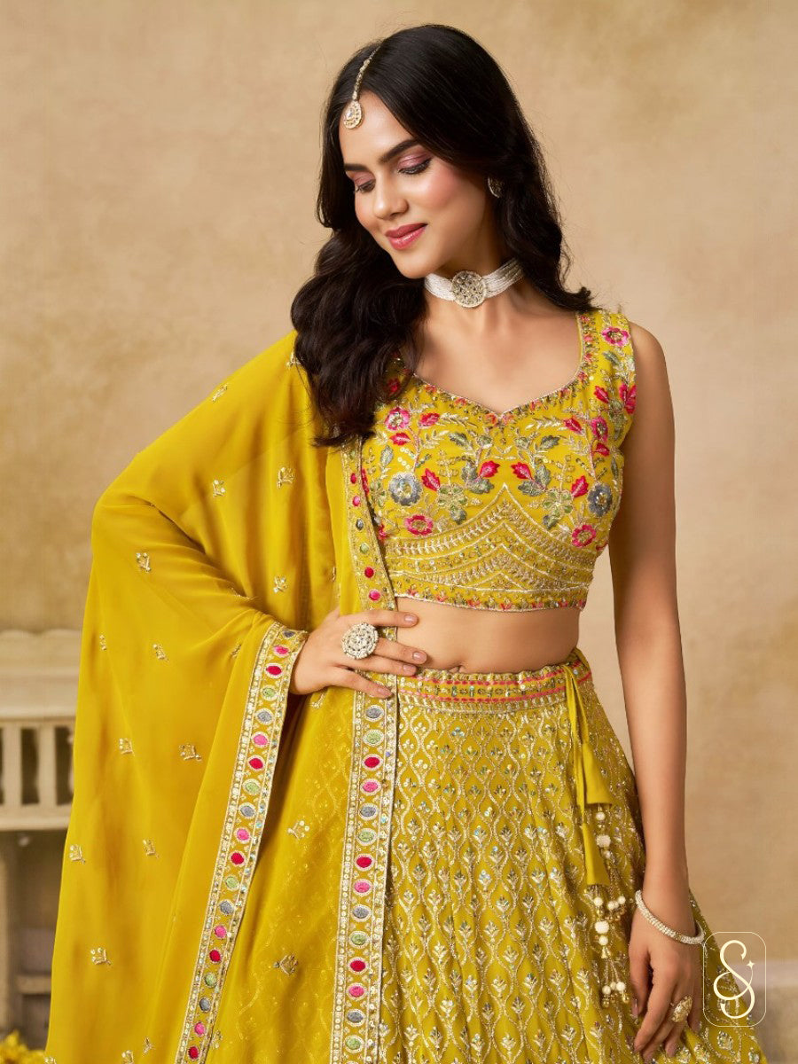 Sunlit Georgette Embroidered Yellow Lehenga