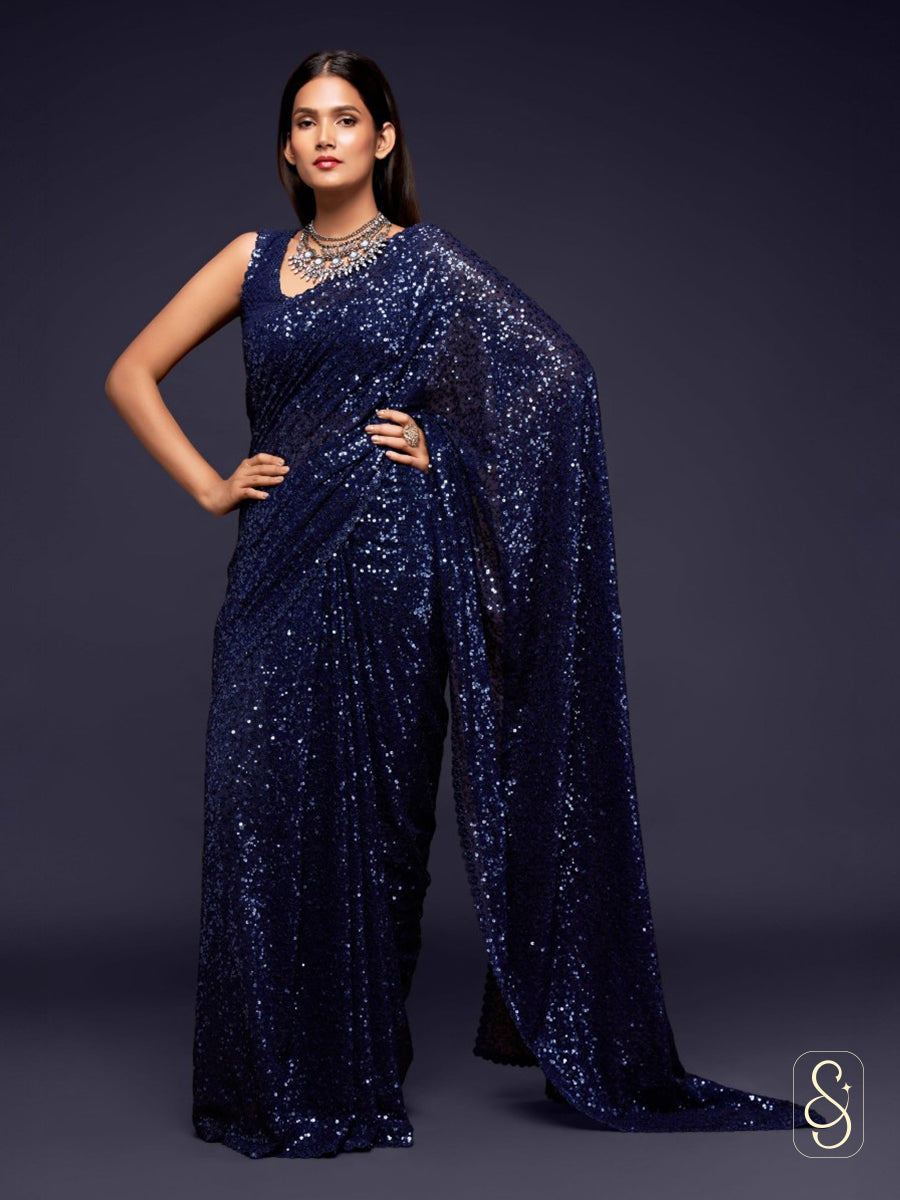 Midnight Sapphire Sparkle Drape Saree