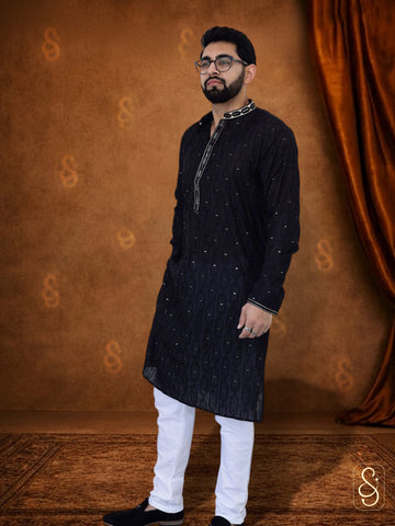 Solid Black Kurta and White Pajama Set