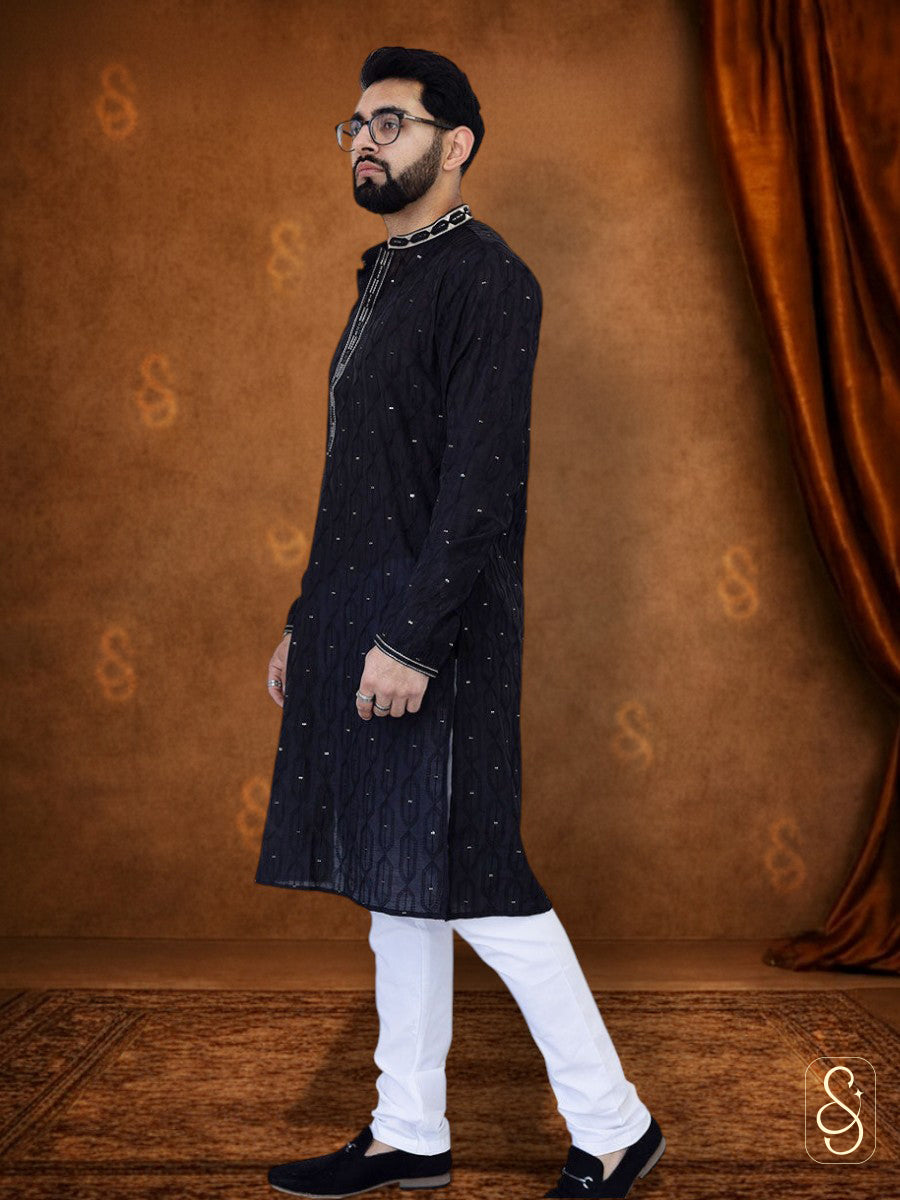 Solid Black Kurta and White Pajama Set