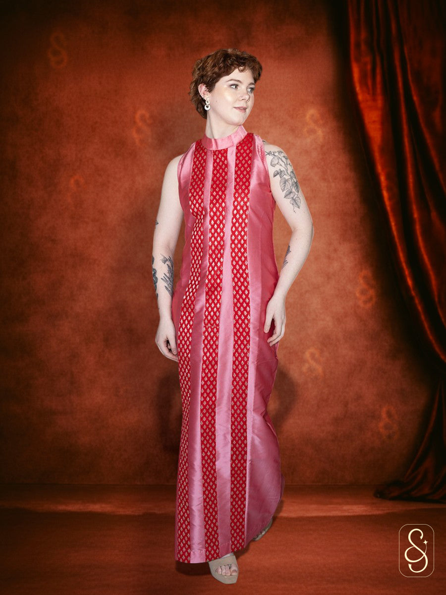 Straight Tomato Pink Dress with Brocade Lines