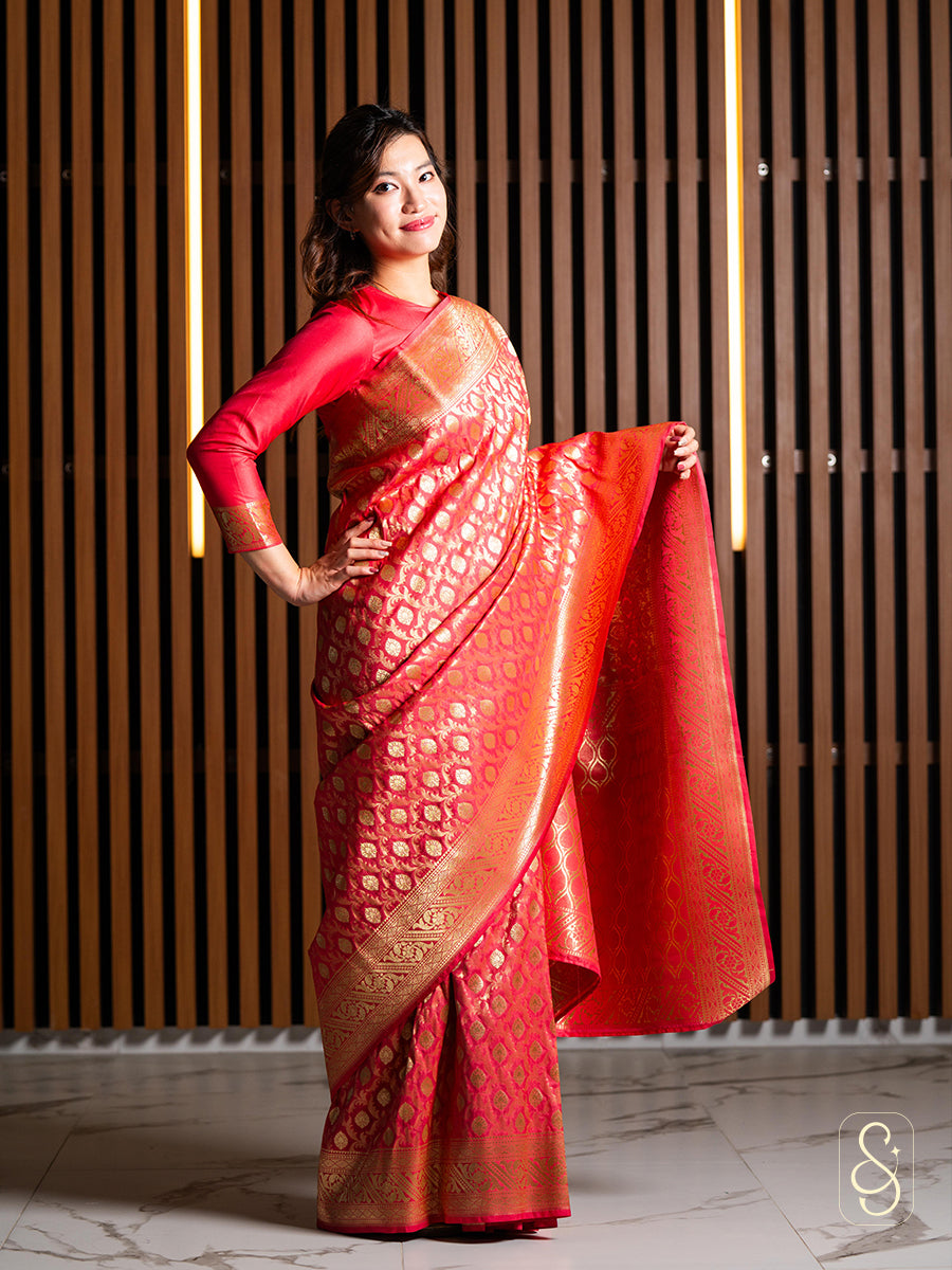 Tomato Pink Banarasi Saree