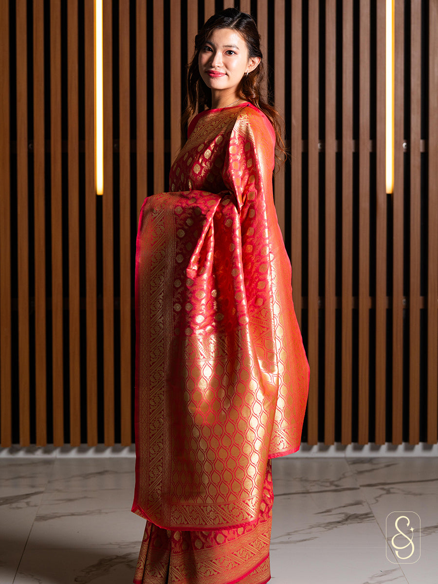 Tomato Pink Banarasi Saree