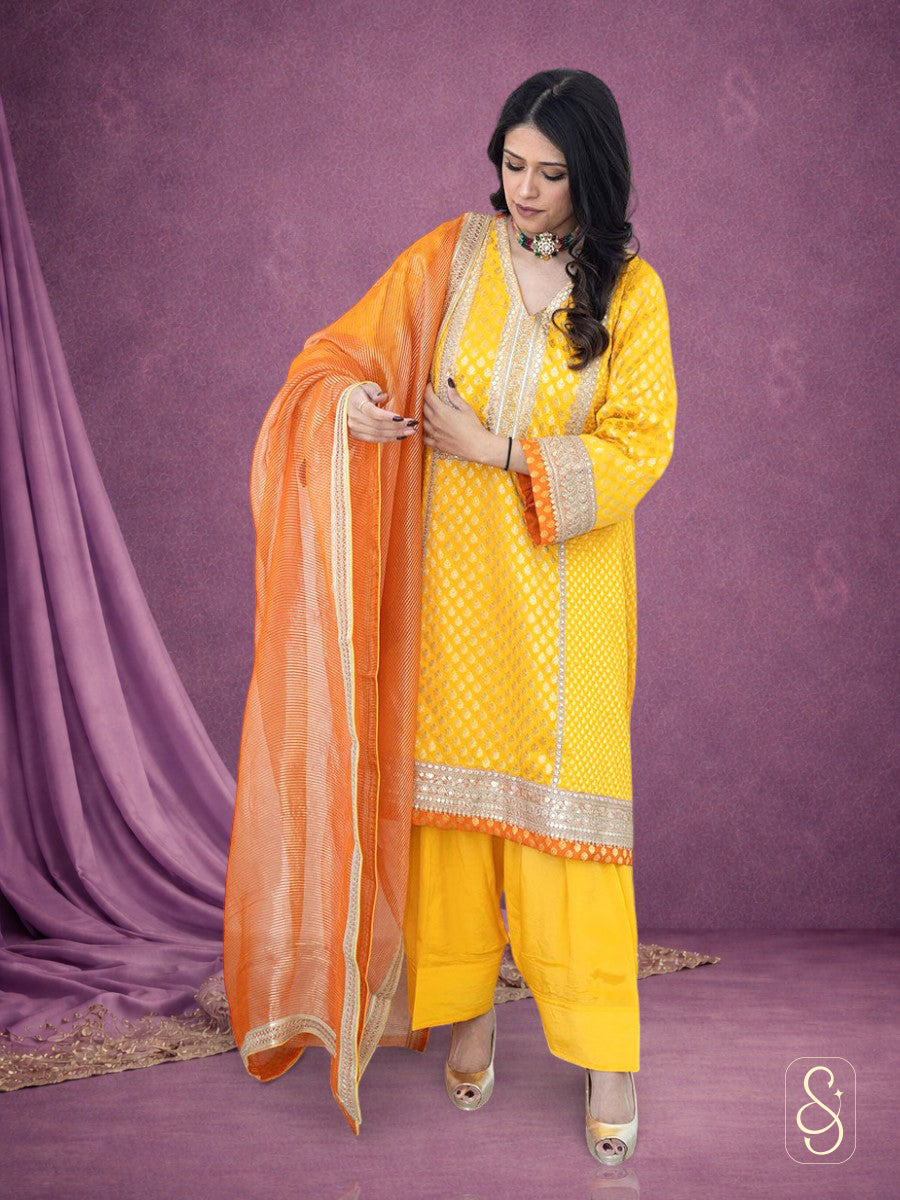 Yellow Banarasi Shirt with Orange Dupatta