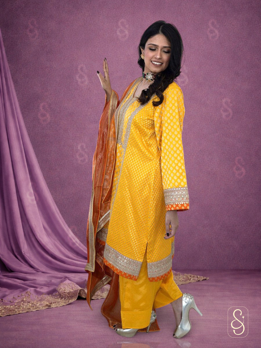 Yellow Banarasi Shirt with Orange Dupatta