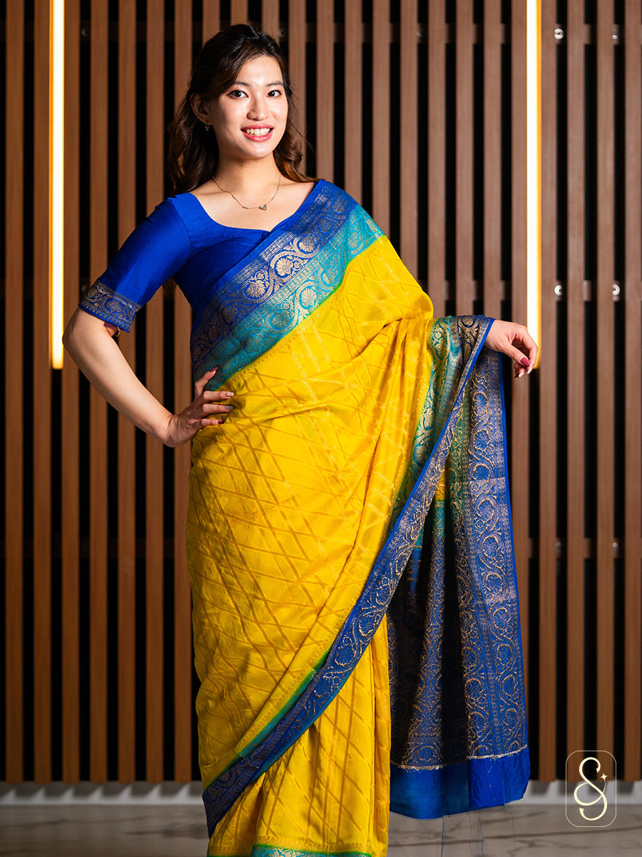Yellow Blue Georgette Saree