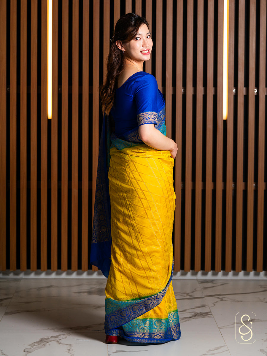 Yellow Blue Georgette Saree