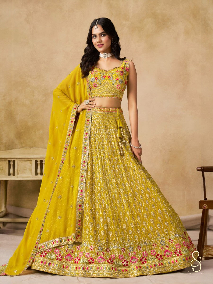 Sunlit Georgette Embroidered Yellow Lehenga