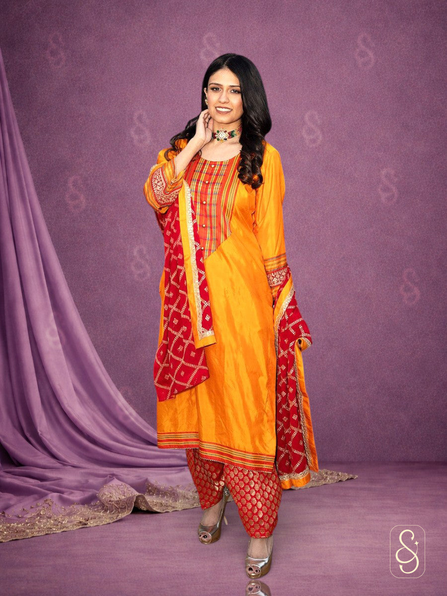 Yellow Silk Banarasi Suit with Red Salwar