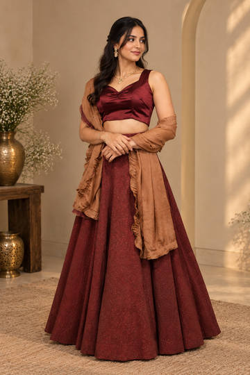Maroon and Dark Cream Lurex Crush Tissue Lehenga